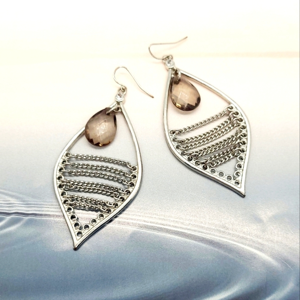 Smoky Beaded Chain Tassel Silver Drop Earrings